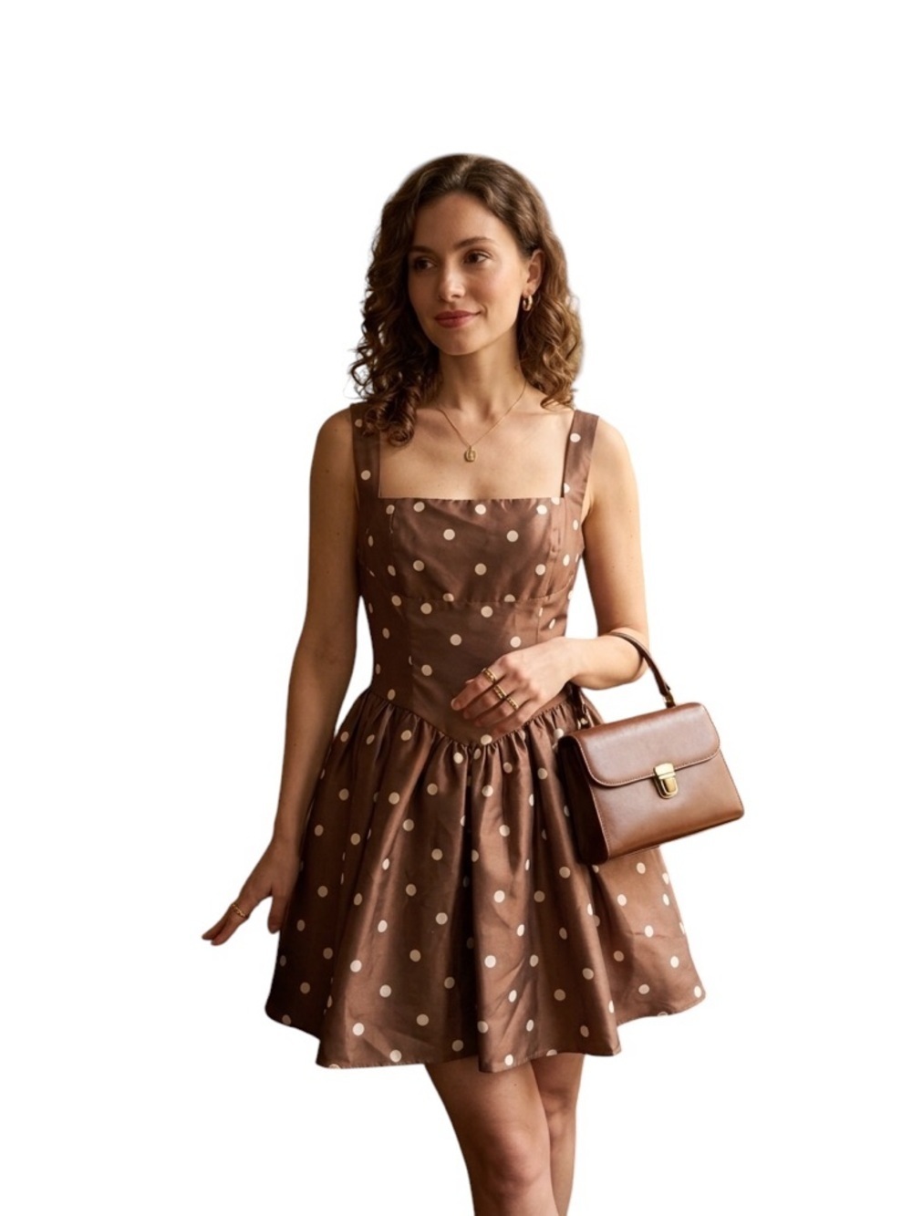 Mable Brown Polka Dot Mini Dress Size L Fit & Flare Cottagecore Old Money Style